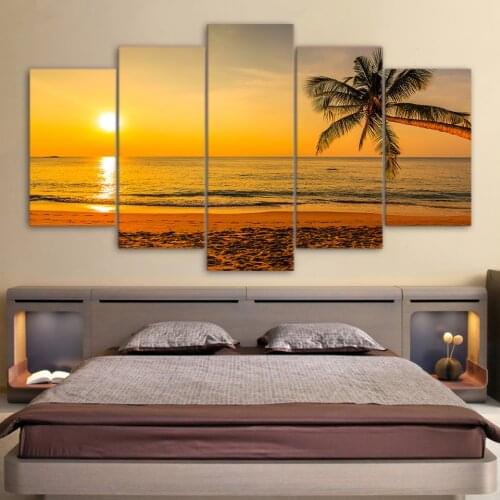 Canvas Pictures Modular Home Decor 5 Pieces Wall Art Tropical Beach Sunset Palm Tree Paintings Modern HD Prints