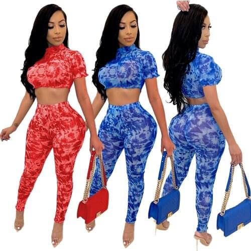 Sexy Fashion Tie Dye Print Fungus Two Piece Set Short Sleeve Crop Top Pencil Pants Tracksuit Women Streetwear Outfits Casual2021