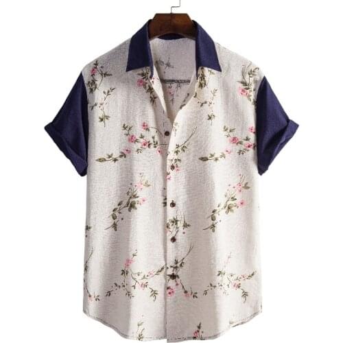 Mens Cotton Short Sleeve Shirt Floral Print Casual Retro Button Down Shirt Large Size 3XL Man Shirts