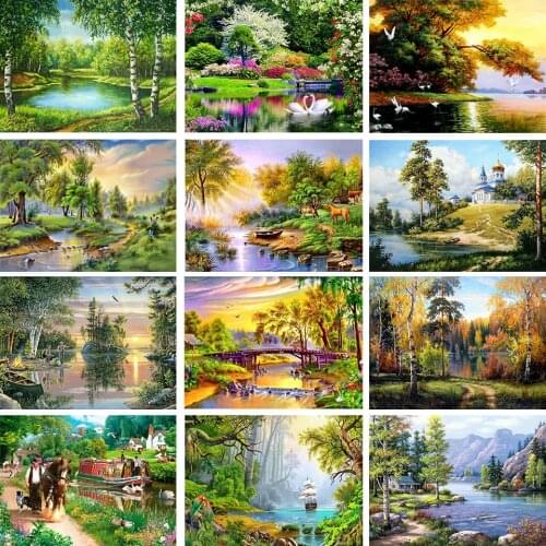 DIY 5D Diamond Painting Kit Landscape Dusk River Full Round With AB Drill Diamond Rhinestone Embroidery Home Decoration Painting