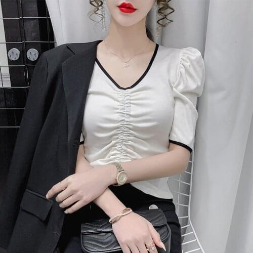 Summer New Women v-neck Puff sleeve T-shirts Tops Korean Fashion Folds Women T shirt short Tees y2k top 2021 clothing women