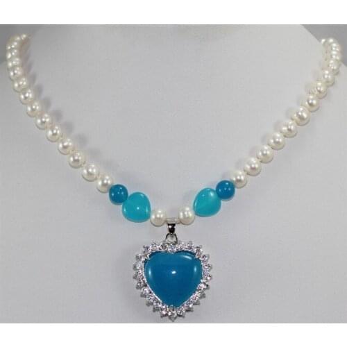 Wholesales -Jewelry beautiful white freshwater pearl & blue heart shape jades pendant necklace free shipping