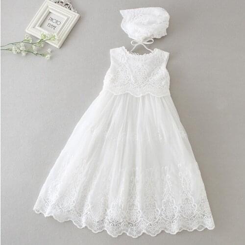 Baby Girl Christening dress White Baptism gown Long Dress Bonnet Hat Newborn Beaded Tulle Dresses Long Embroidered Lace Frock