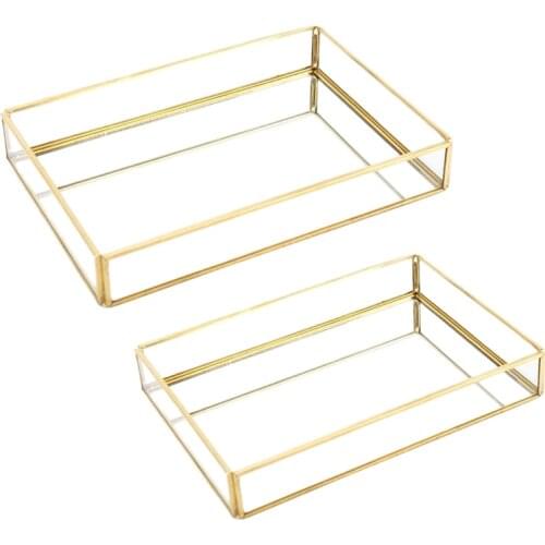 2Pcs Nordic Retro Storage Tray Gold Rectangle Glass Makeup Organizer Tray Dessert Jewelry Display Home Kitchen Decor S&M