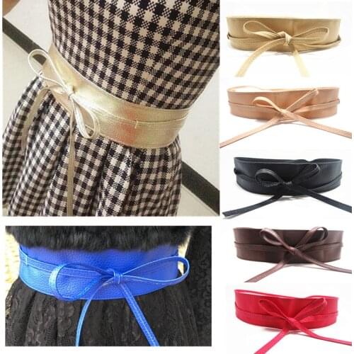 1PC Fashion Spring Autumn Women Lady Fashion Metallic Color Soft Faux Leather Wide Belt Self Tie Wrap Waist Mujer Dress