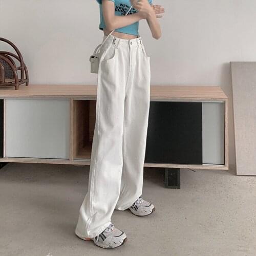 Straight Wide Leg Capris Pink White Korean Vintage Clothes WomenS High Waist Trousers Fashion Jeans Pants For Girls Streetwear