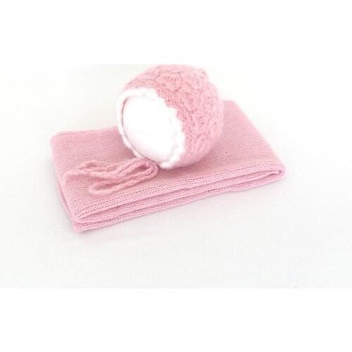 Pink Stretch Fabric Baby Girl Swaddle Wrap Set Crochet Newborn Sleepy Hat Mohair Baby Swaddle Blanket Newborn Photo Props
