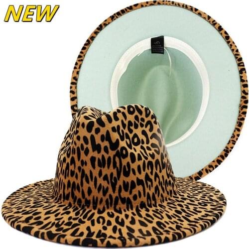 Fedora hat new leopard print bottom light green big brim Panama felt hat mens jazz hat new top hat ladies шляпаженская