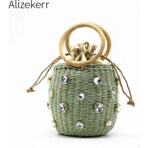Crystal Diamond Straw Bag Women 2020 New Summer Rattan Ring Handle Woven Circle Beach Bag Ladies Barrel Shape Handbag Holiday