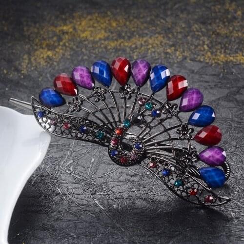 Vivid Big Peacock Hair Clip Wedding Hair Accessories Colorful Rhinestone Resin Crystal Barrettes Metal Hairpin Hair Jewelry Gift
