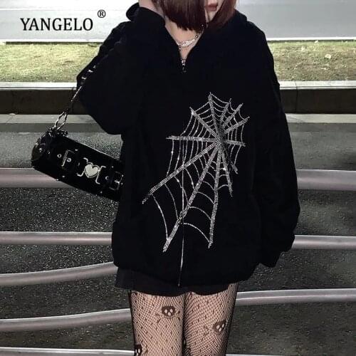 Gothic Punk Spider Web Hooded Women Fairy Grunge Dark Academia Jacket Y2K Coat Harajuku Outwear Zipper Sweatshirts Clothing