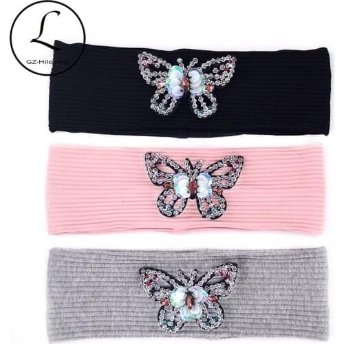 Gzhilovingl Women Big Shining Butterfly Rhinestone Headbands Girls Ladies Soft Cotton Elastic Ribbed Headwear Sport Hair Bands