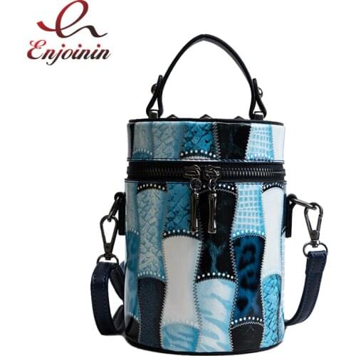 New Design Fashion Stitching Pattern Pu Leather Rivet Bucket Shape Women Handbag Shoulder Bag Female Bolsa Mini Messenger Bag