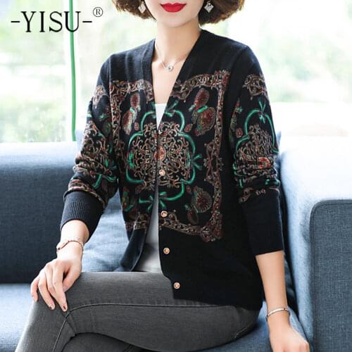 YISU Women Spring Autumn Sweater Cardigan V-Neck Fashion Printing Coat Female Casual Knitted Cardigan 2021 New Women clothing