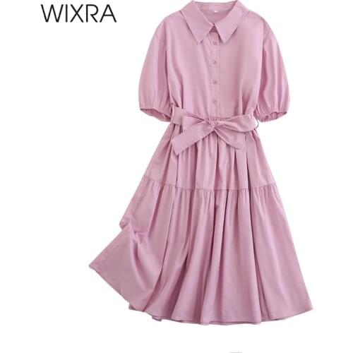 Wixra Sweet Cotton Dresses With Sashes A Line Womens Short Puff Sleeve Ladies Casual High Street 2021 Summer Hot