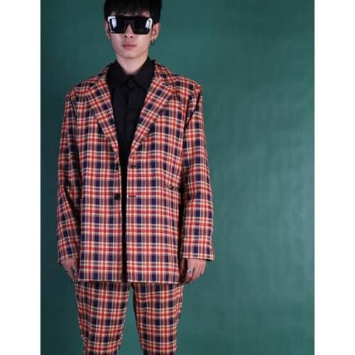 Blazer men suit Retro Red grid Loose jackets mens suits costume singer star style spring summer stage clothing formal dress b645