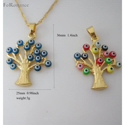 FoRomance YELLOW GOLD OVERLAY 18" TWIST WATER WAVE NECKLACE & EVIL EYE EYES TREE BEADS BLUE AND COLORFUL PENDANT