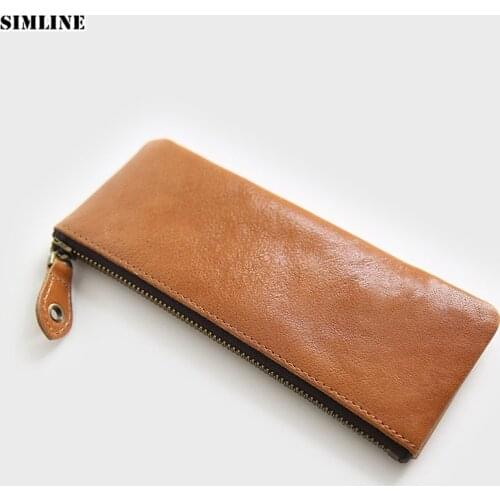 SIMLINE Genuine Leather Pen Bag Cowhide Vintage Zipper Men Women Boy Girl Long Pencil Box Case Holder School Supplies Coin Purse