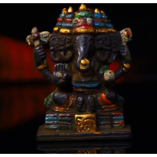 3"Tibet Temple Collection Old Bronze Engraved Tracing 5 elephant head Elephant Trunk God of Wealth Buddha Town House Exorcism