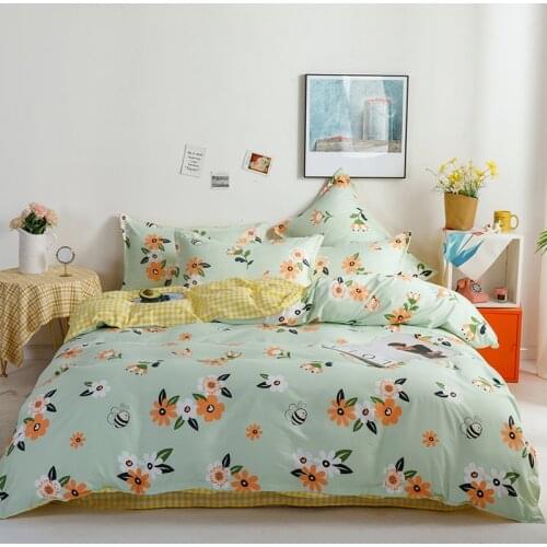 Pastoral Bedding Set， flower pattern Duvet Cover With Pillowcase 200x230，Yellow grid 200x200 Quilt Cover,King Size Blanket Cover