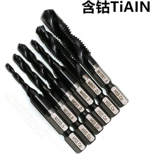 2PCS/HSS-CO Composite tap. Hexagonal handle with cobalt wire drilling into one. Drill bit. Spiral groove. Machine