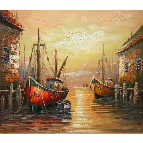 Fine Wall Art Calligrahy Painting Hand-painted Modern Abstract Home Decorative Two Boats Seascape Canvas Picture Oil Paintings