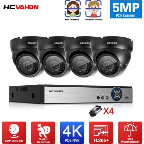 HCVAHDN H.265+ 4CH AI Face Detection POE NVR 5MP POE IP Dome Camera System Kit Waterproof CCTV Security Video Surveillance Set