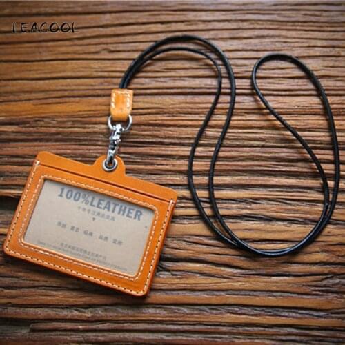 LEACOOL Men Women Adults Kids Leather ID Badge Bus Cards Holder Small Casual Lanyard Credit Card Case Business Organizer Bag