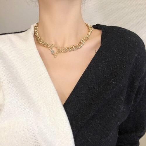 LOVOACC Rhinestone Star Carabiner Chokers Necklaces Gold Chunky Cuban Link Chain Necklace for Women Screw Lock Clasp Necklace