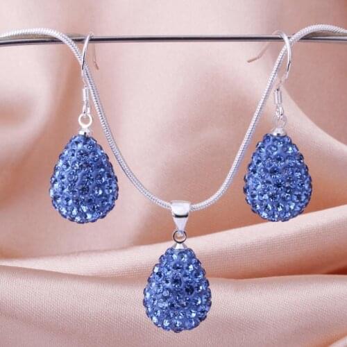 Fahion Water Drop Crystal Pendant Necklace Earrings Rhinestones Ball Bead Silver Color Jewelry Sets Mixed Color Wholesale