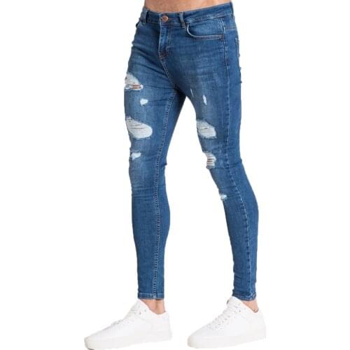 Men Stretchy Ripped Jeans High Waist Destroyed Hole Taped Slim Fit Trousers Close-Fitting Denim Scratched Pants for Men