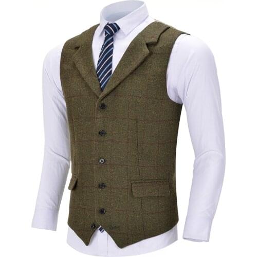 Mens Business Army Green Vest Plaid Wool Single-breasted Cotton Suit Vest Waistcoat For Wedding Formal Vest Groomsmen