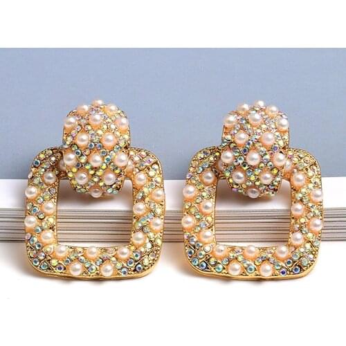 New Arrive Square Metal Colorful Rhinestone Pearls Dangle Earrings High-Quality Fashion Jewelry Accessories For Women Wholesale