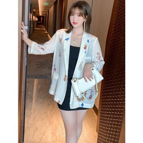 High quality Retro printed one button loose silhouette thin suit jacket 2021 summer new pattern