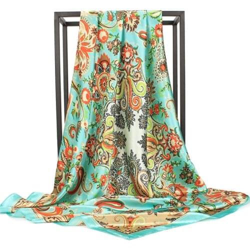 90*90cm Ethnic Style Women Stain Silk Scarf Paisley Totem Square Head Scarves Muslim Print Hijab Bandana Shawl Muffler Foulard