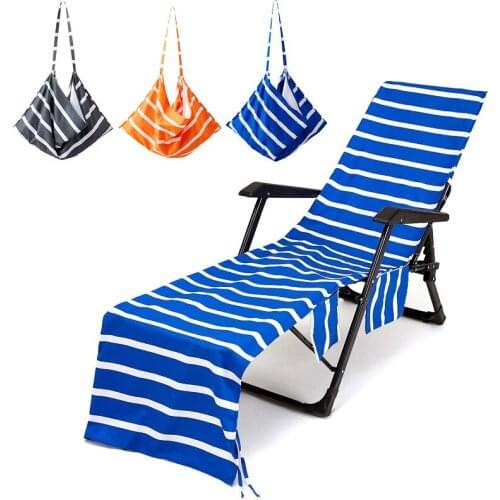 75*215cm Stripe Beach Pool Lounge Chair Towel Cover with Storage Pockets Portable Microfiber Beach Towel for Swimming Sunbathing