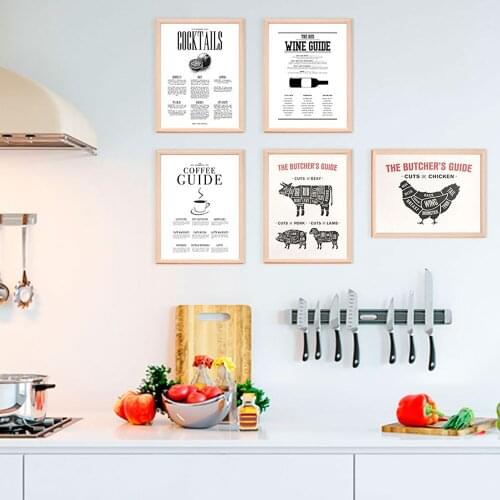 Cocktails Guide Poster and Prints Beef Pork Butcher Diagram Canvas Painting Kitchen Art Picture Coffee Restaurant Wall Decor