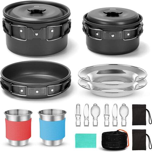 Camping Cookware for 2 People Portable Pots Pans Cup Teaport Set Folding Outdoor Cooking Set Picnic Tableware Camping Plates