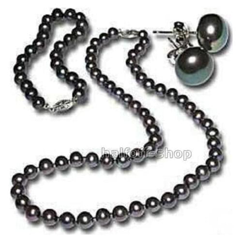 RARE 7-8mm Black Tahitian Pearl Necklace Bracelet Earring 1 Set AA^^^@^Noble style Natural Fine jewe FREE SHIPPING