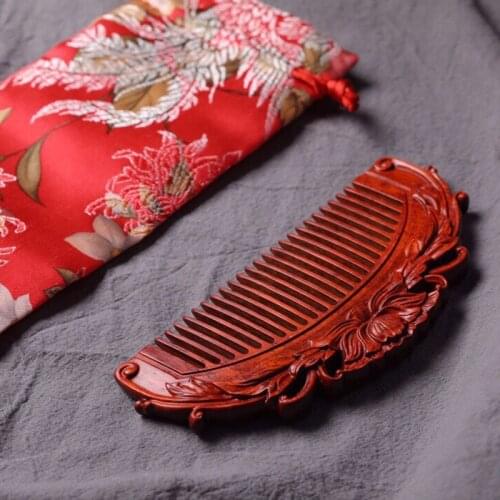 Rhinoceros horn red sandalwood carving peony wooden comb hairdressing straight hair massage comb wedding festival gifts custom