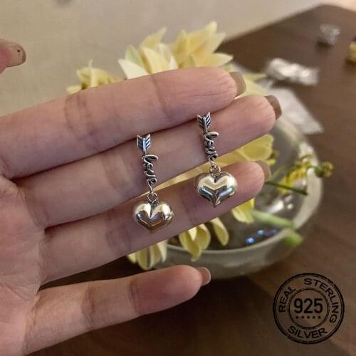 Drop Earrings Heart For Women S925 Silver Needle Retro Letters Korean Fashion Hot Simple Student Lady Party Jewelry Gift INEFFA