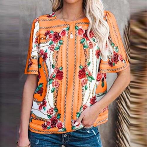Womens Round Neck Short Sleeve T-shirt Printed Top Women Ladies Pullover Flowers Short Sleeve Summer T-shirt Fashion Streetwear