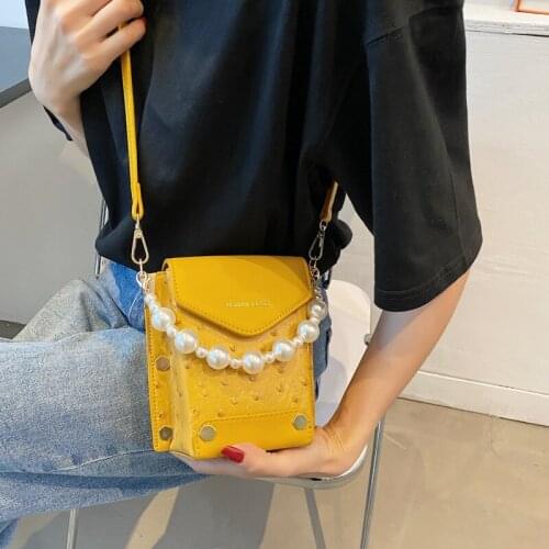 PU shoulder bag female 2021 new trendy korean messenger bag pearl hand chain temperament chain shoulder small square bag