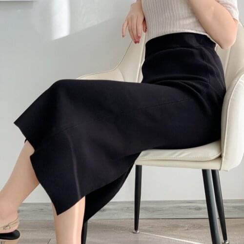 2021 Spring Autumn Womens Korean Black Skirt Women Solid Color Knitted High Waist Midi Skirts Jupe Femme Faldas Mujer Moda Y386