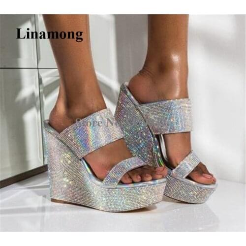 Bling Bling Women Charming Rhinestone Open Toe High Platform Wedge Sandals Slip-on Silver Crystal Wedge Heel Slippers Dress Shoe