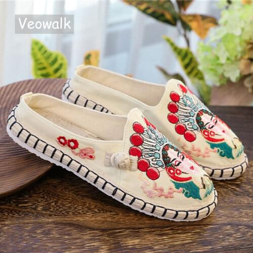 Veowalk Old Beijing Embroidery Women Canvas Flat Mules Summer Ladies Casual Comfortable Close Toe Slippers Espadrilles Shoes