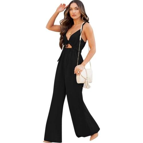 Women Wide Leg Straight Jumpsuits Solid Backless Lace Up Sleeveless Rompers Sexy Lady Elegant Casual Romper Summer Autumn 2021