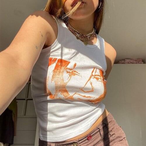 White Graphic Print Crop Top Gothic Tie Dye Tank Top Summer Women Y2K Aesthetics Portrait O-neck Sleeveless Mini Vest Streetwear