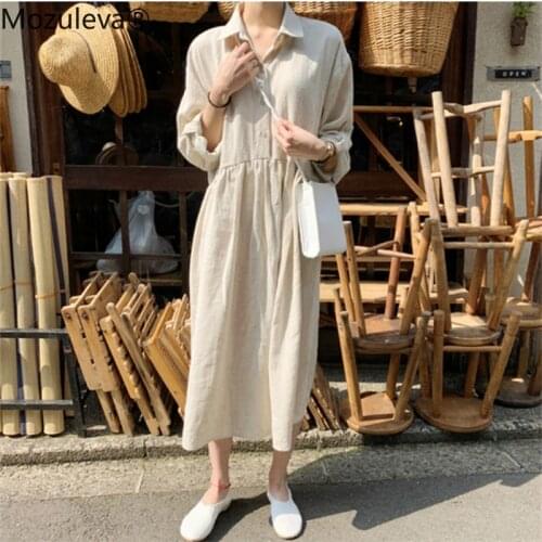 Mozuleva 2020 New Women Summer Dresses High Waist Single Breasted Casual Loose Cotton and Linen Fold Long Shirt Dress femme