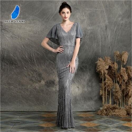 DEERVEADO Elegant V Neck Long Evening Dress Mermaid Party Dresses Sequin Gown Formal Dress Robe De Soiree K16582